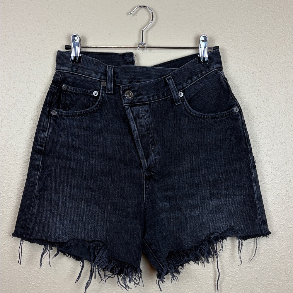AGOLDE | Black Denim Shorts Size 23 Asymmetrical Zip High Rise Distressed Hem